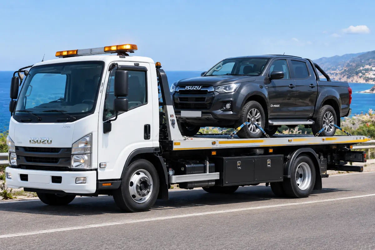 Plateau-Abschleppwagen mit einem Pick-up auf einer Küstenstraße